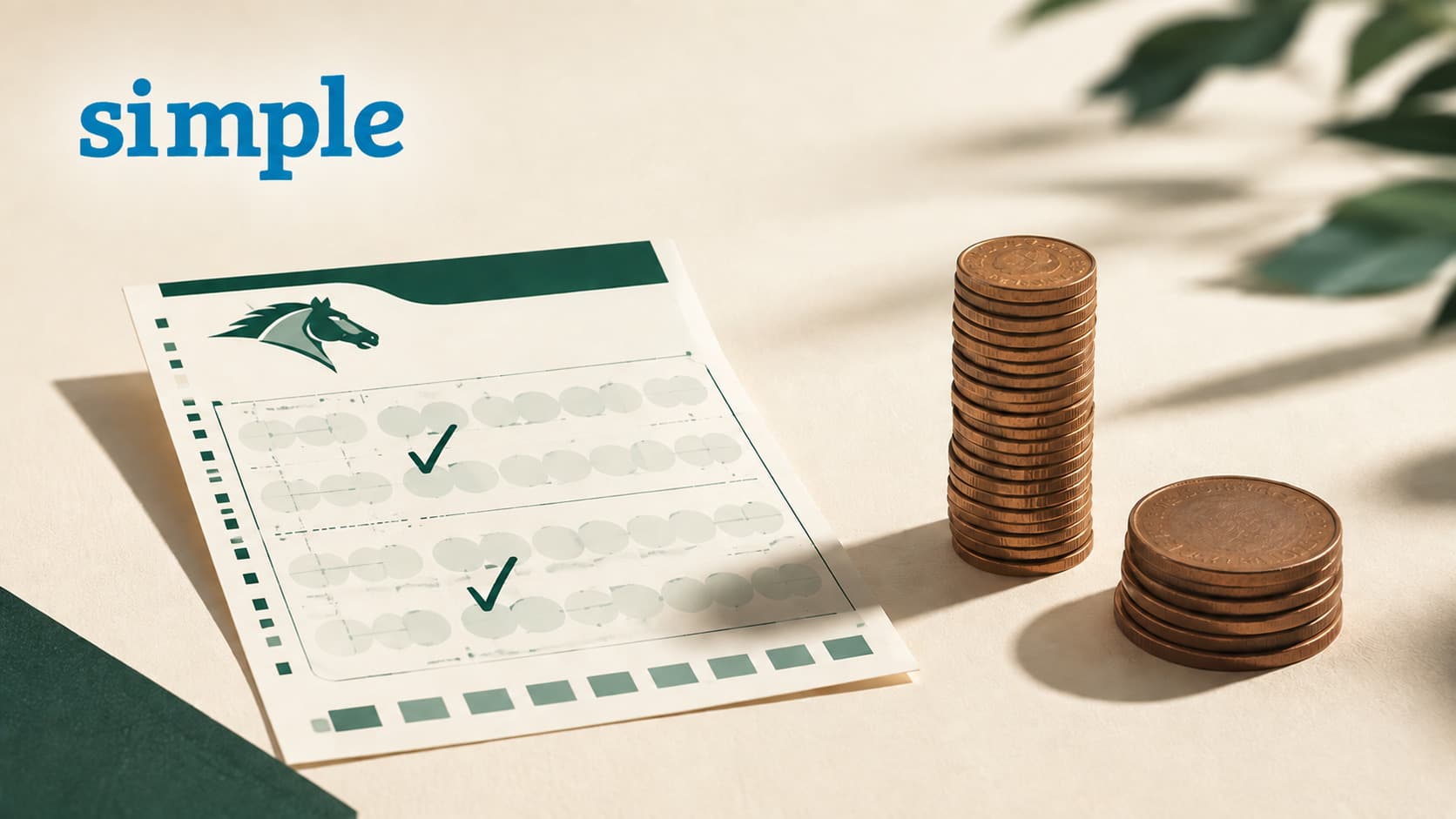 Ticket de jeu simple PMU coché à côté de deux piles de pièces d'inégale hauteur — le rapport du gagnant face à celui du placé